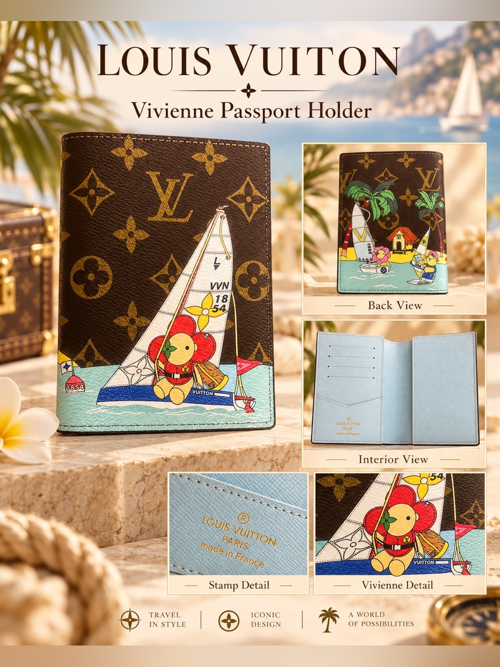 Brown Monogram Passport Cover with Colorful Sailboat Print
